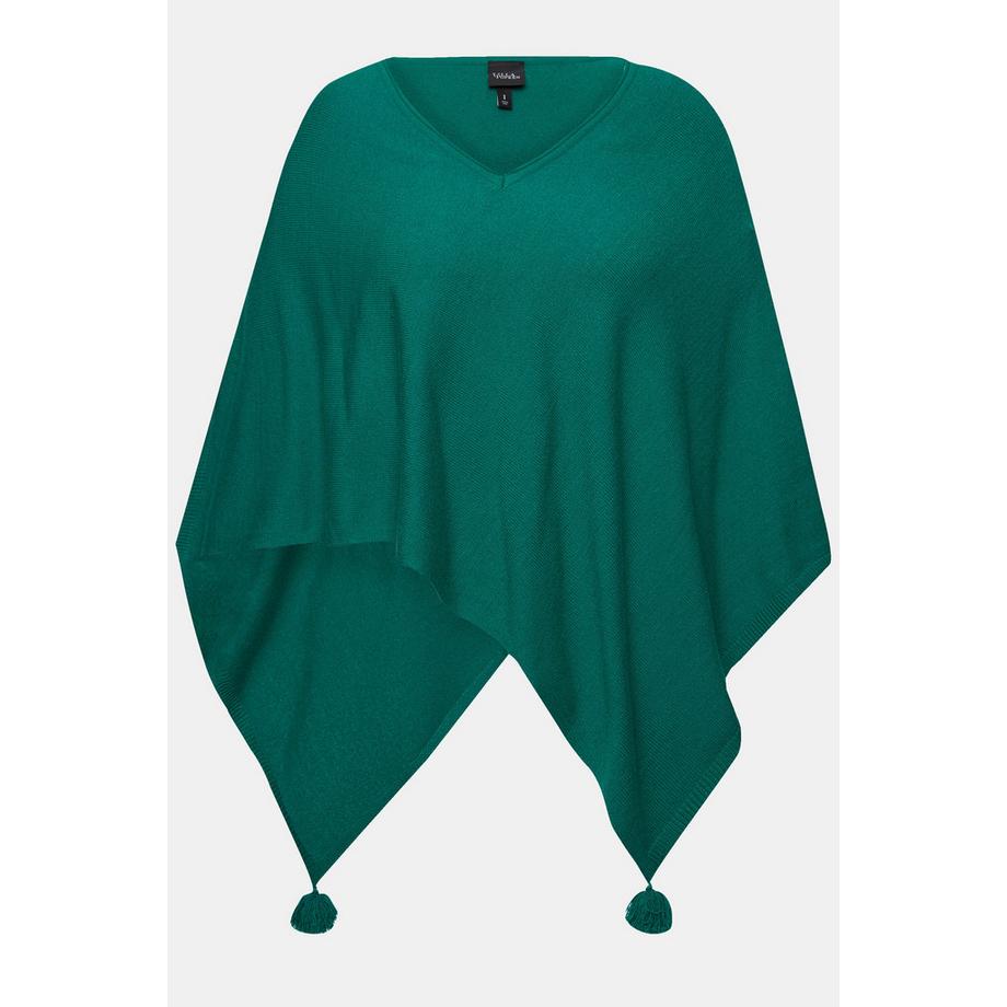 Ulla Popken Poncho en maille finition en pointe pompon col en V sans manches  