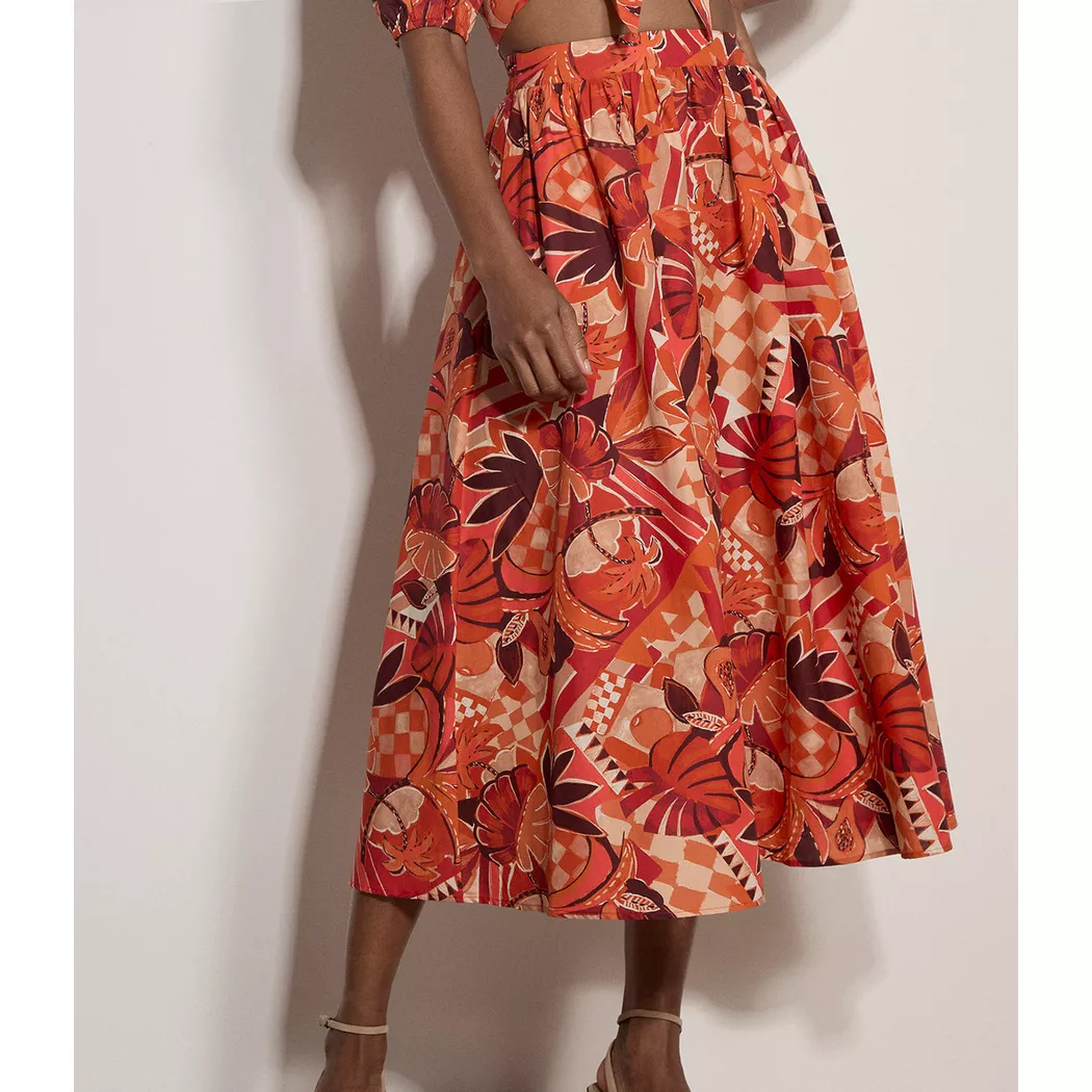 Apricot Women's Tropical Leaf Patchwork Cotton Midi Skirt in Red | Size: 8