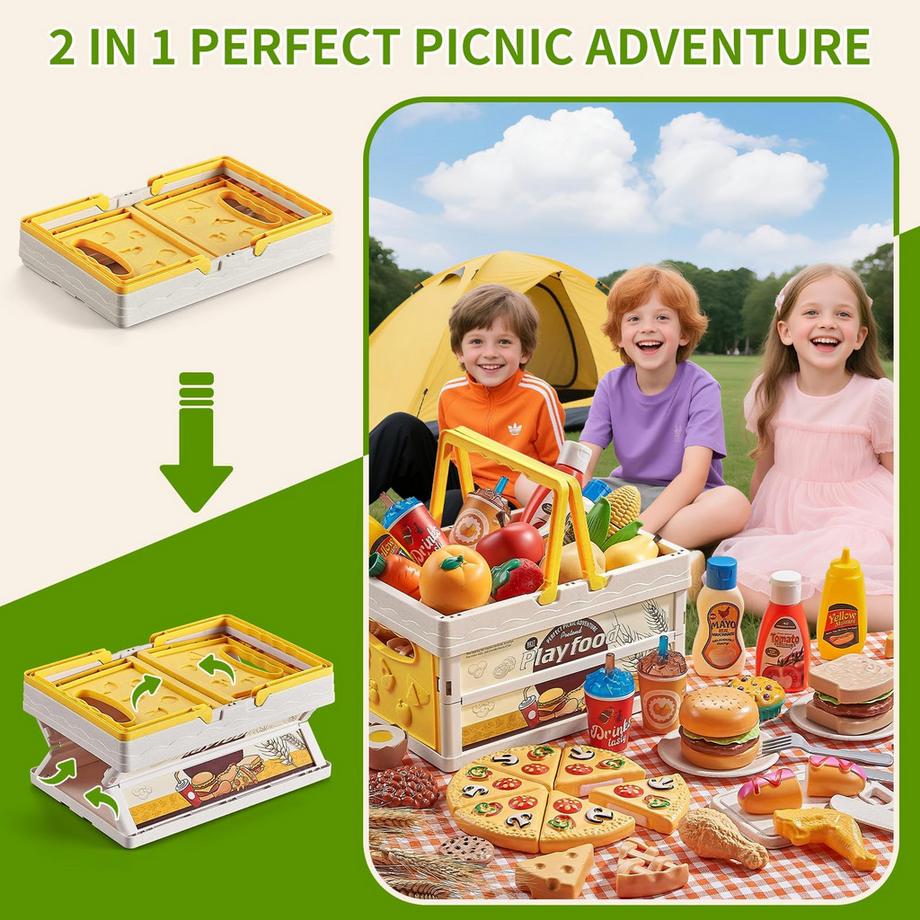Activity-board  83-Teiliges Spielfutter - Kinderküchenzubehör mit Picknickkorb & Decke - Spielzeugfutter zum Schneiden 