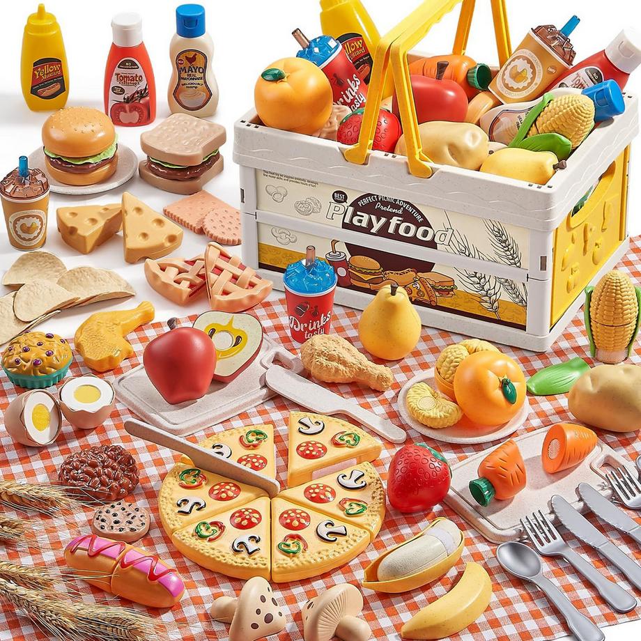 83-Teiliges Spielfutter - Kinderküchenzubehör mit Picknickkorb & Decke - Spielzeugfutter zum Schneiden