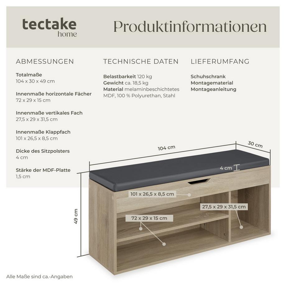Tectake Schuhbank Natalya für 9 Paar Schuhe mit Sitzpolster  
