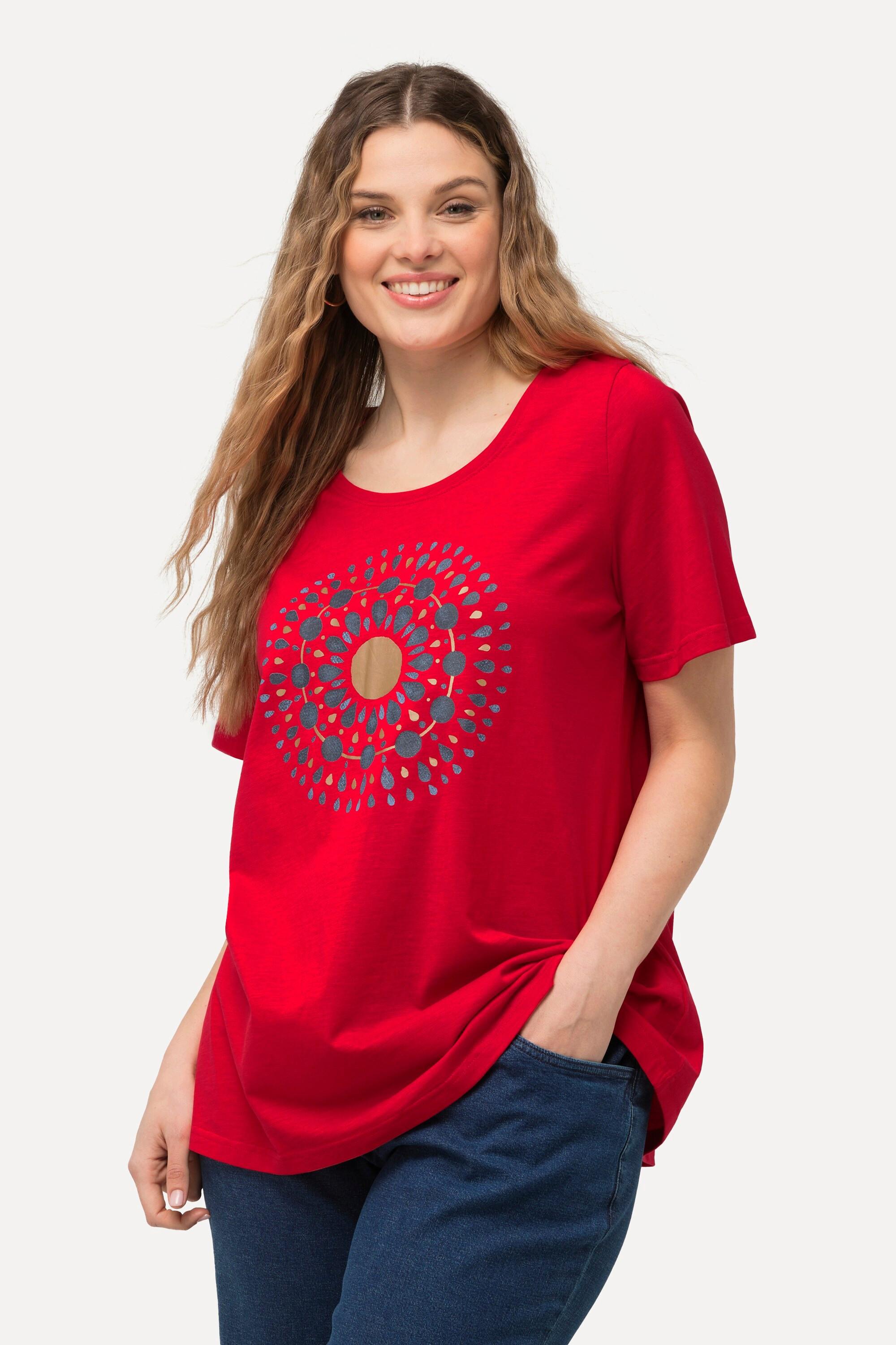 Ulla Popken  T-shirt dal taglio svasato con design mandala, scollo a girocollo e mezze maniche 