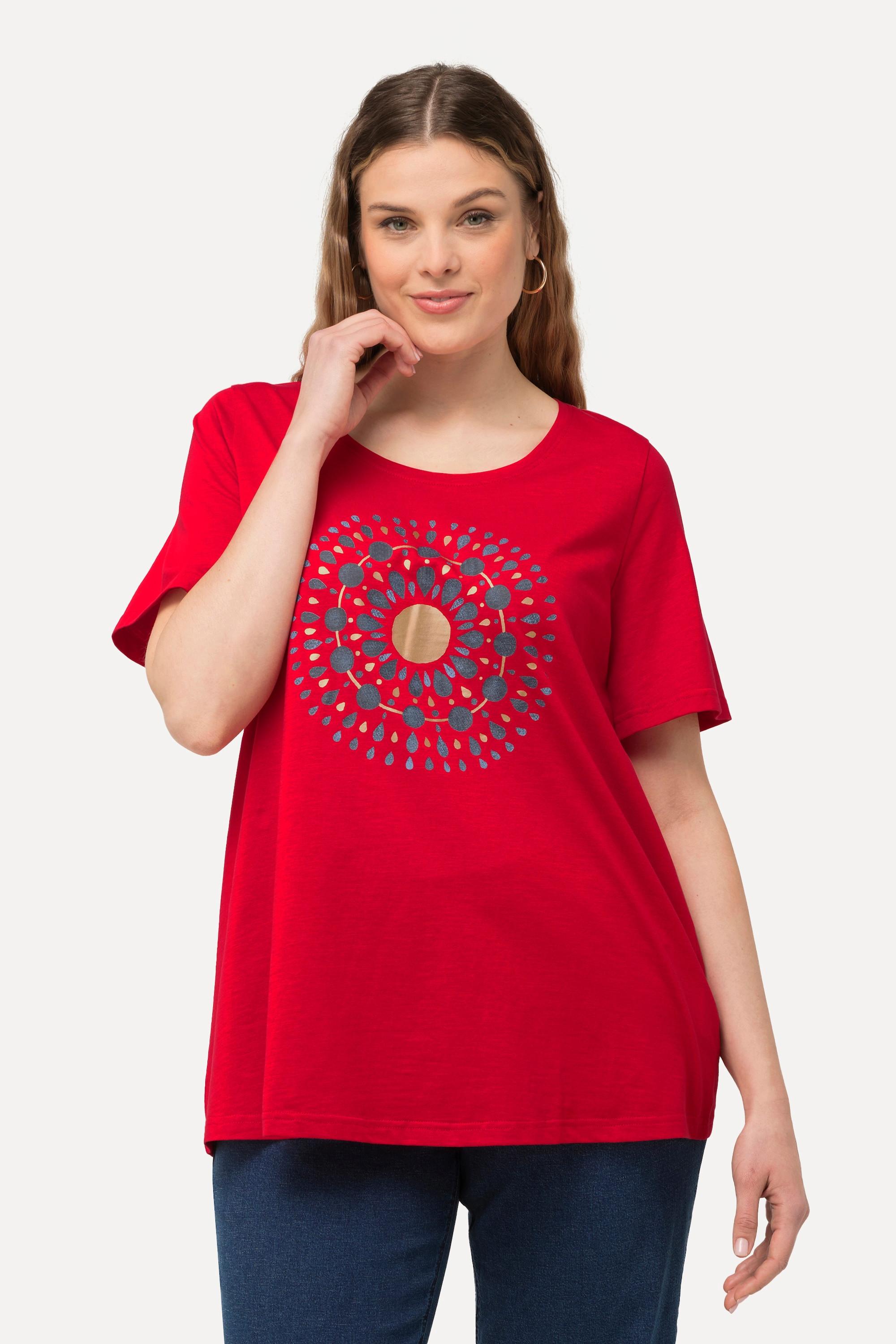 Ulla Popken  T-shirt en A à col rond et manches courtes. Mandala. 