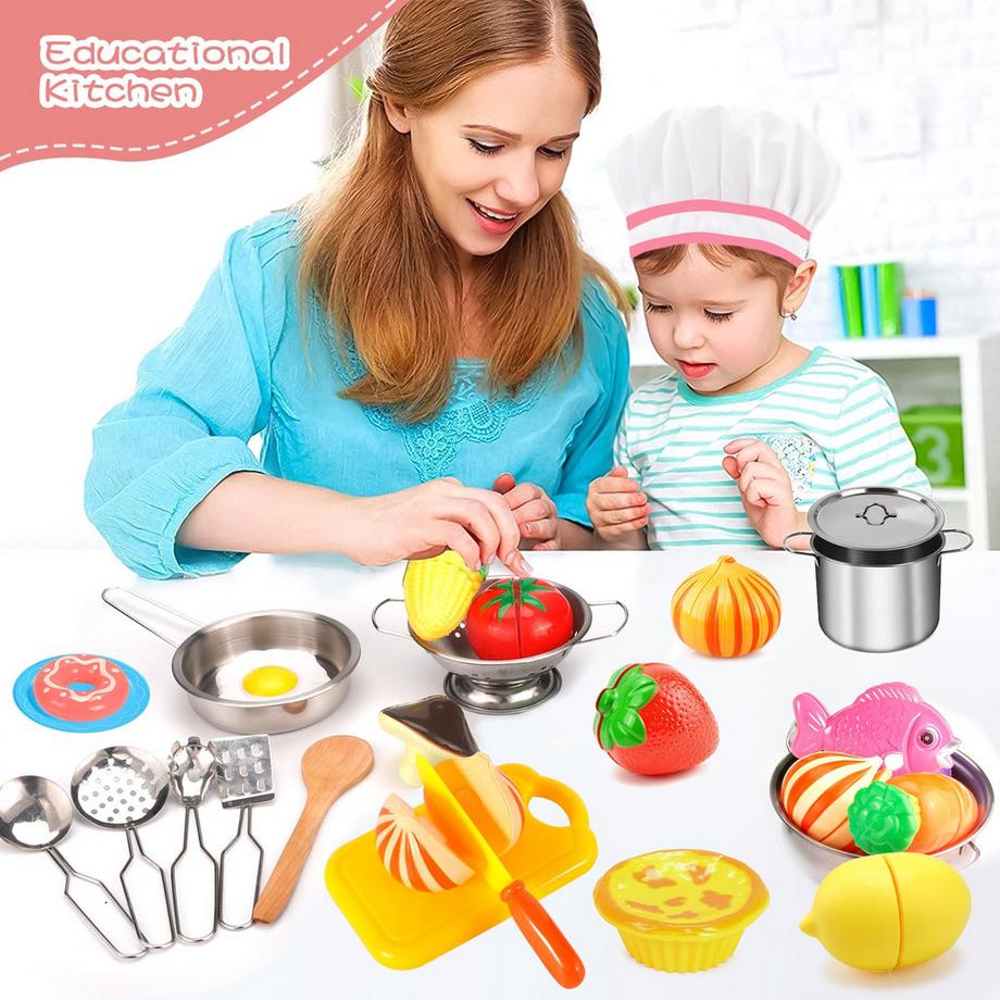 Activity-board  Accessoires de cuisine pour enfants, set de cuisine en acier inoxydable, jouet pour enfants, accessoires de cuisine pour poupées, jouet alimentaire 
