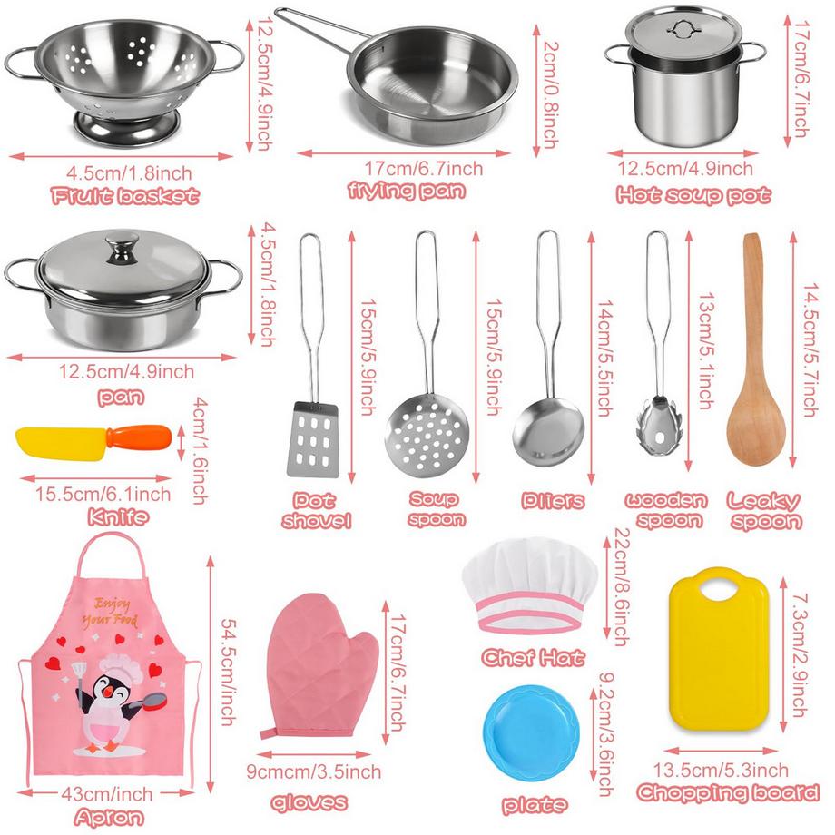 Activity-board  Accessoires de cuisine pour enfants, set de cuisine en acier inoxydable, jouet pour enfants, accessoires de cuisine pour poupées, jouet alimentaire 