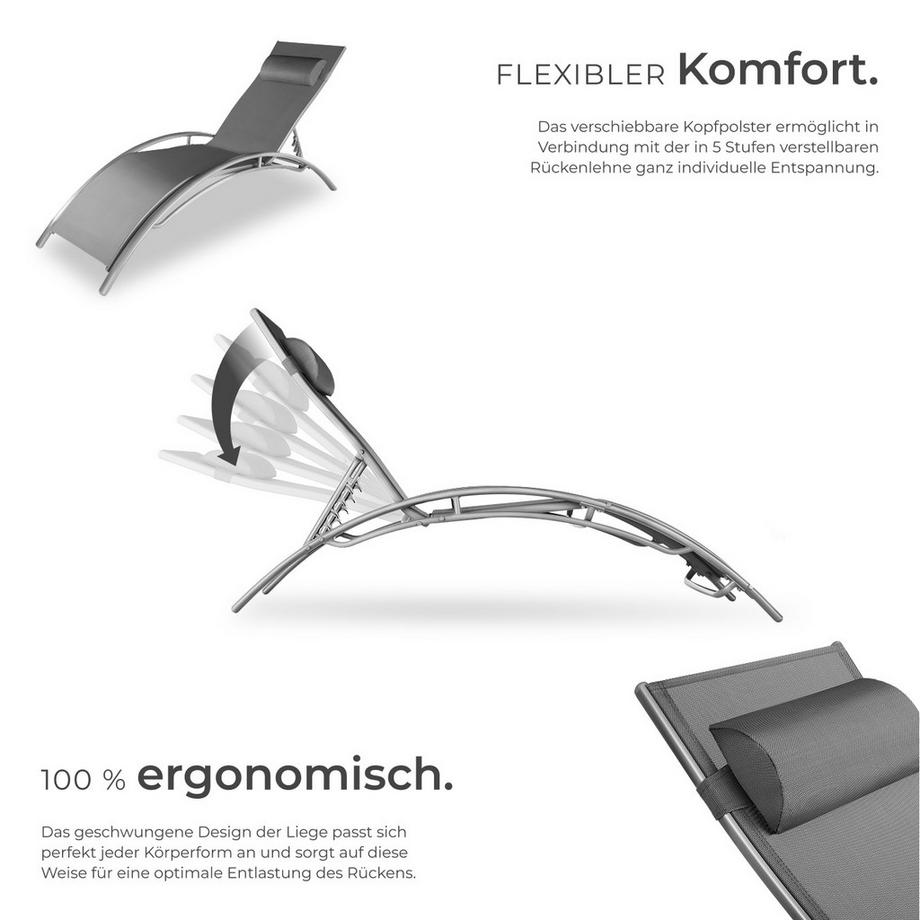 Tectake Aluminium 2er Set Gartenliege Alina Textilene-Gewebe 5-fach verstellbare Rückenlehne  