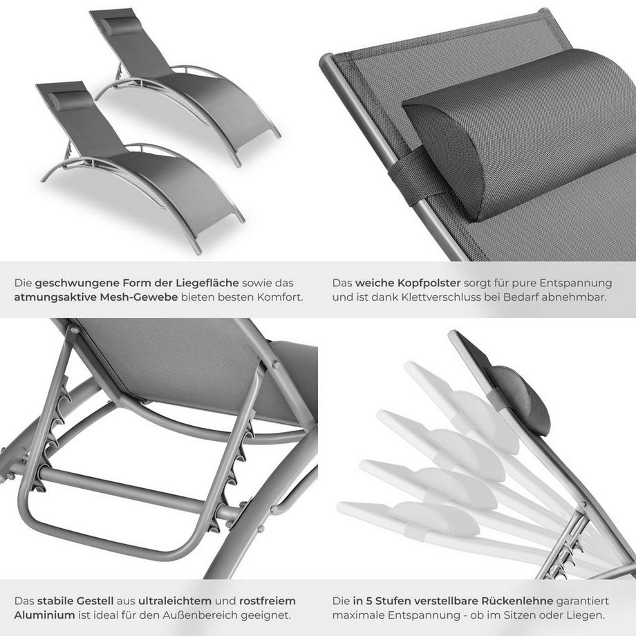 Tectake Aluminium 2er Set Gartenliege Alina Textilene-Gewebe 5-fach verstellbare Rückenlehne  