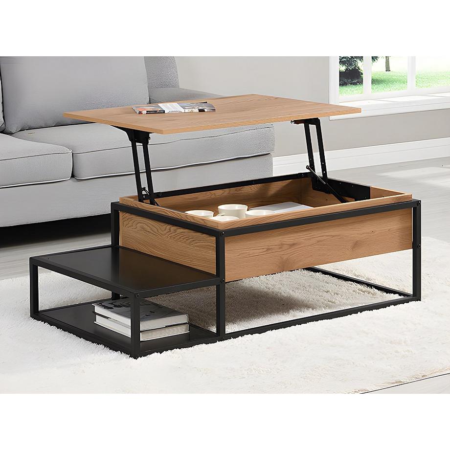 Vente-unique Table basse avec plateau relevable - MDF et Métal - Naturel et noir - LUTESA  