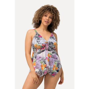 Tankini avec bonnets souples. Imprimé boussoles. Bretelles ajustables. Base se terminant en pointe de chaque côté.