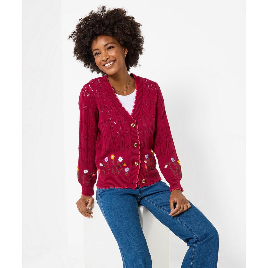 Bezaubernde Ajour-Strickjacke mit Blumenstickerei