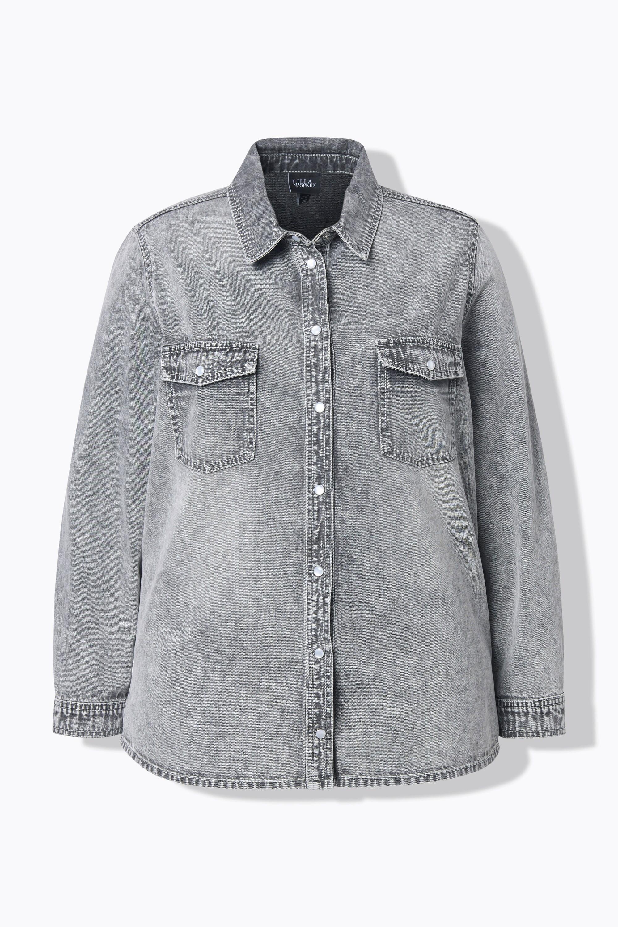 Ulla Popken Blusa di jeans Collo a camicia Bottoni automatici Maniche lunghe  