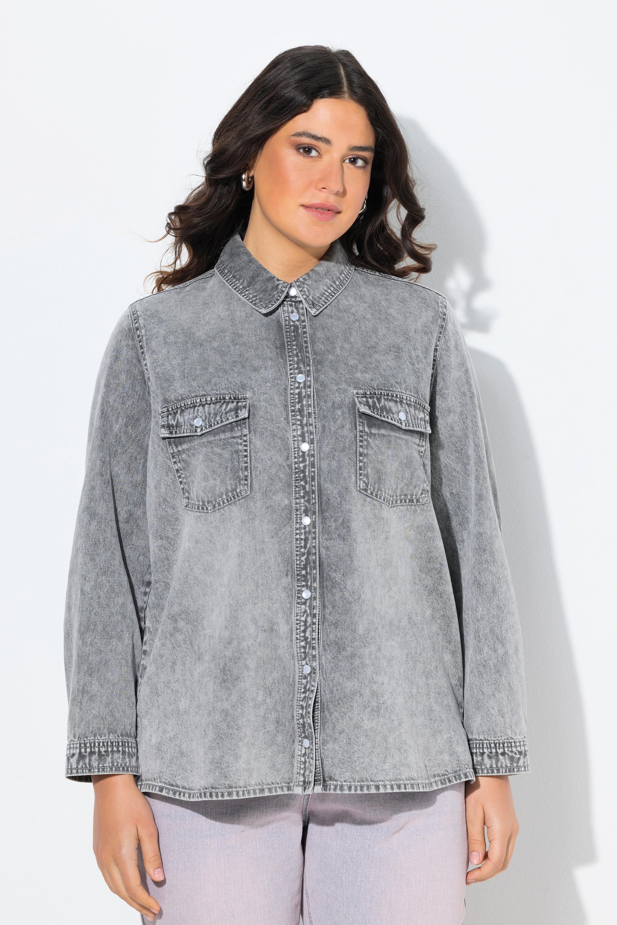 Ulla Popken Blusa di jeans Collo a camicia Bottoni automatici Maniche lunghe  