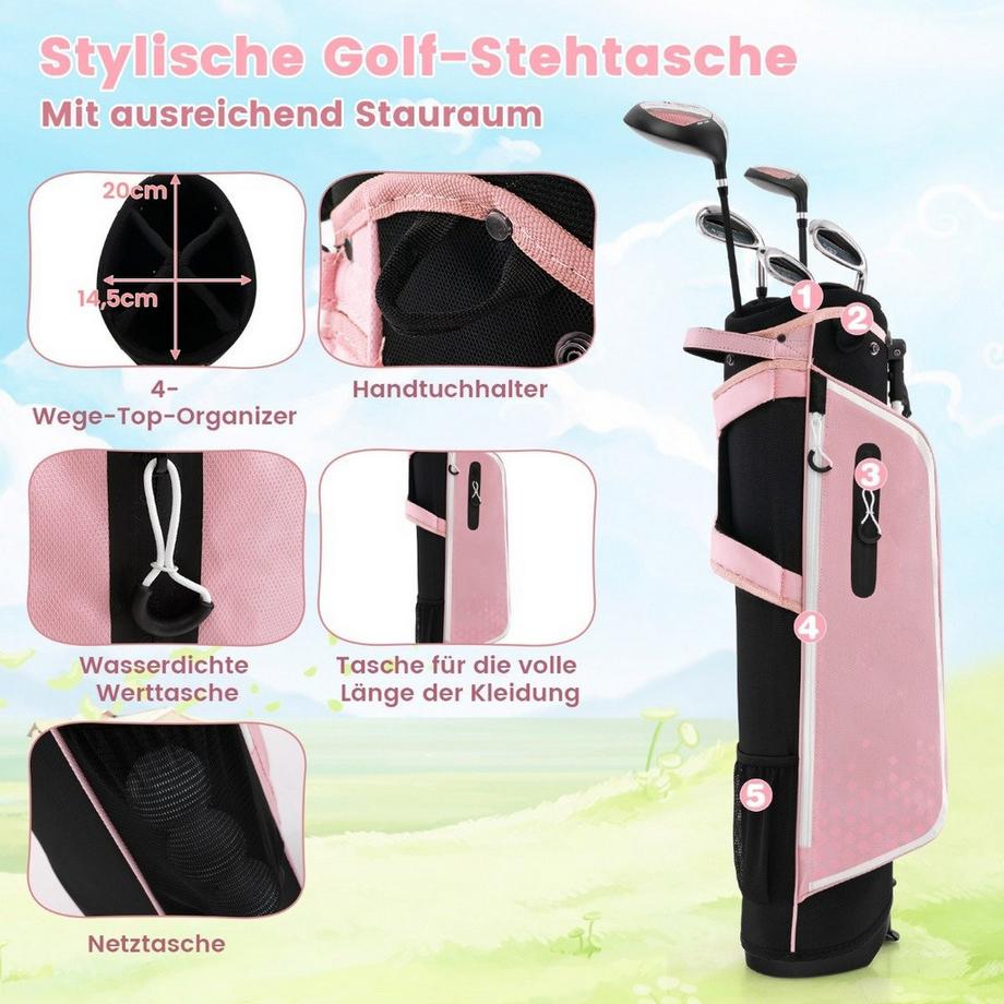 Northix  Ensemble de clubs de golf pour enfants 6 pièces avec sac de golf et housse de pluie pour enfants de 11 à 13 ans, rose 