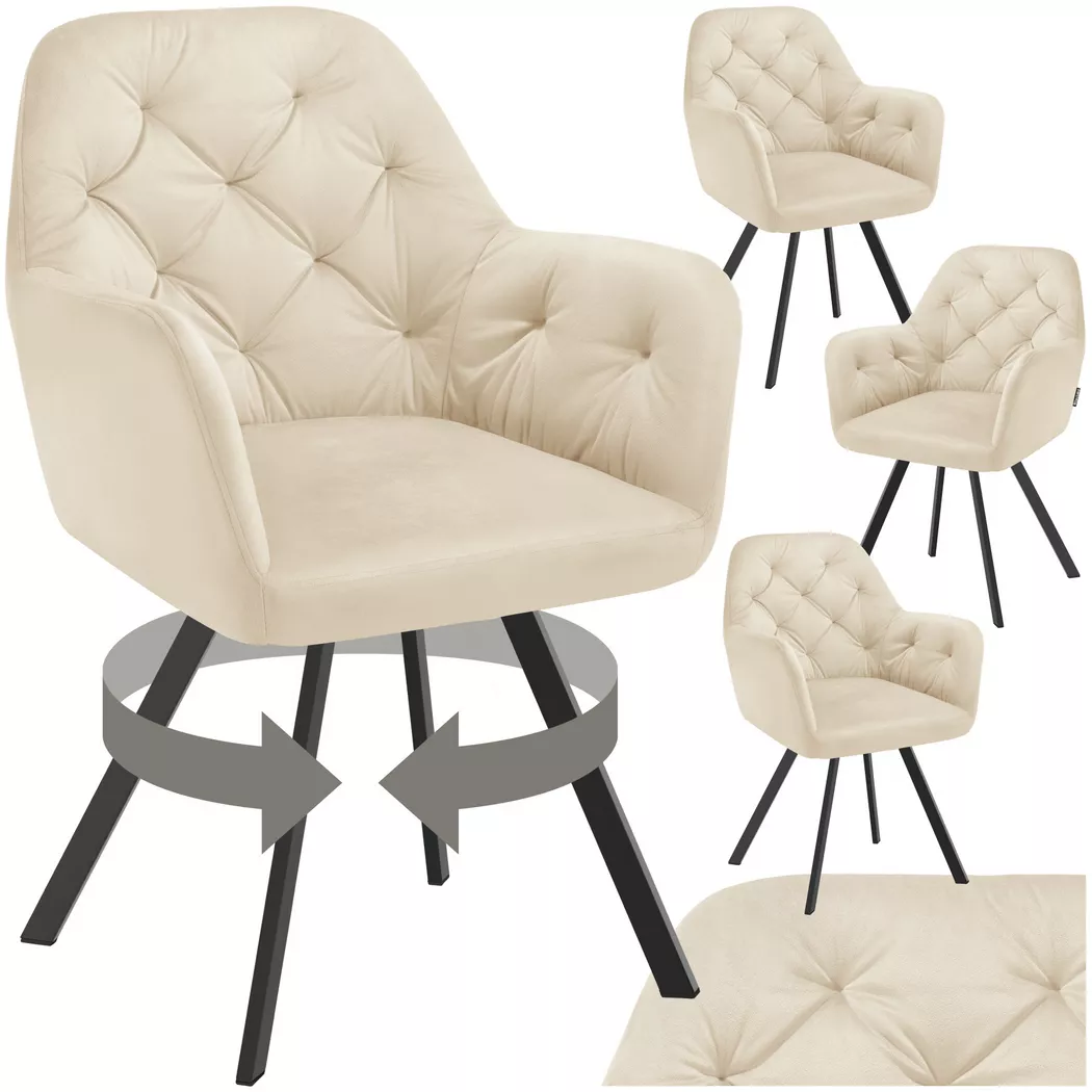 Tectake - Lot 4 fauteuils pivotants 180° velours rembourrés matelassés crème