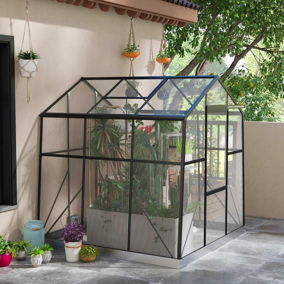 Northio Gewächshaus Aluminium 192 X 192 X 204 Cm Treibhaus 3,68 M² Tomatenhaus Mit Fenster, Schiebetür, Fundament, Aufzucht Pflanzenhaus, Schwarz  