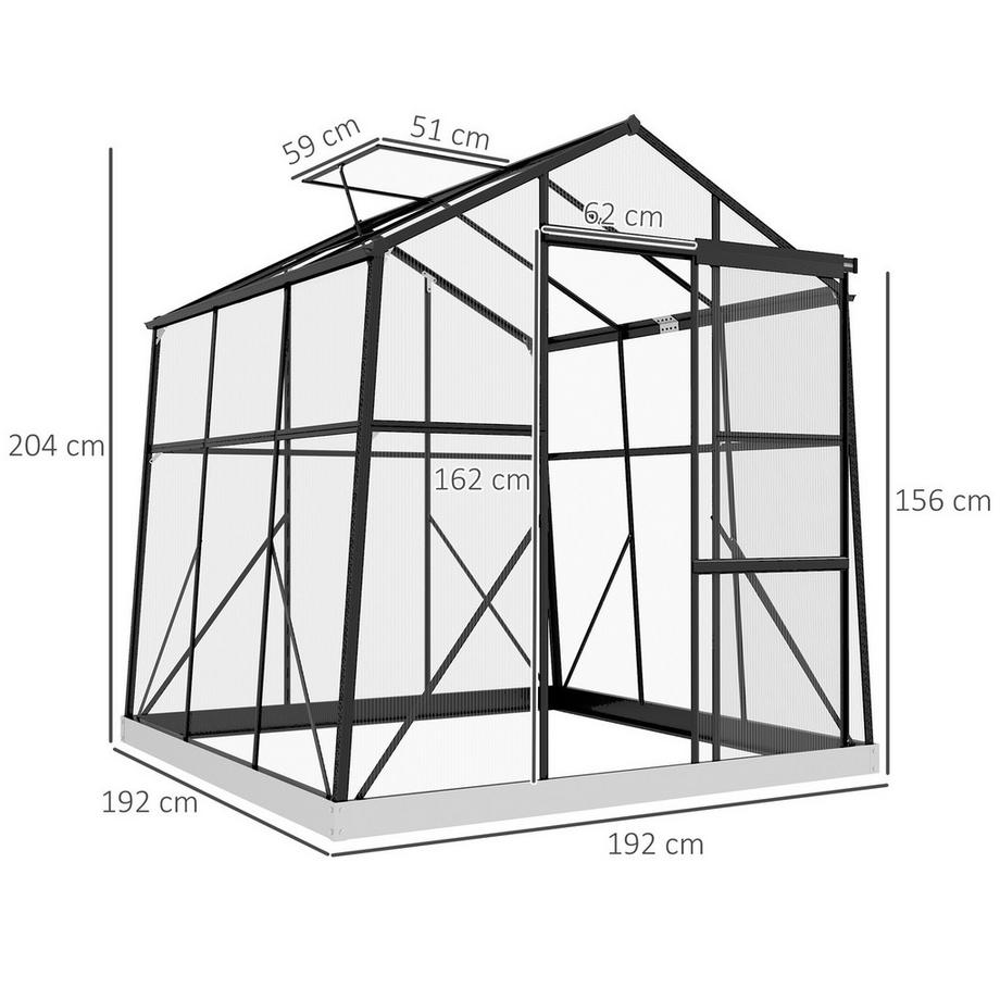 Northio Gewächshaus Aluminium 192 X 192 X 204 Cm Treibhaus 3,68 M² Tomatenhaus Mit Fenster, Schiebetür, Fundament, Aufzucht Pflanzenhaus, Schwarz  