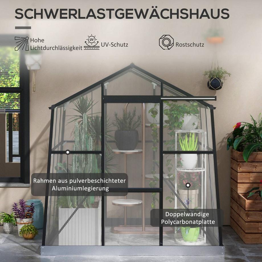 Northio Gewächshaus Aluminium 192 X 192 X 204 Cm Treibhaus 3,68 M² Tomatenhaus Mit Fenster, Schiebetür, Fundament, Aufzucht Pflanzenhaus, Schwarz  