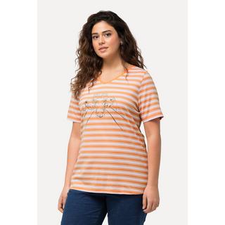 Ulla Popken  T-Shirt, Ringel, Metallic-Tiermotiv, V-Ausschnitt, Halbarm 