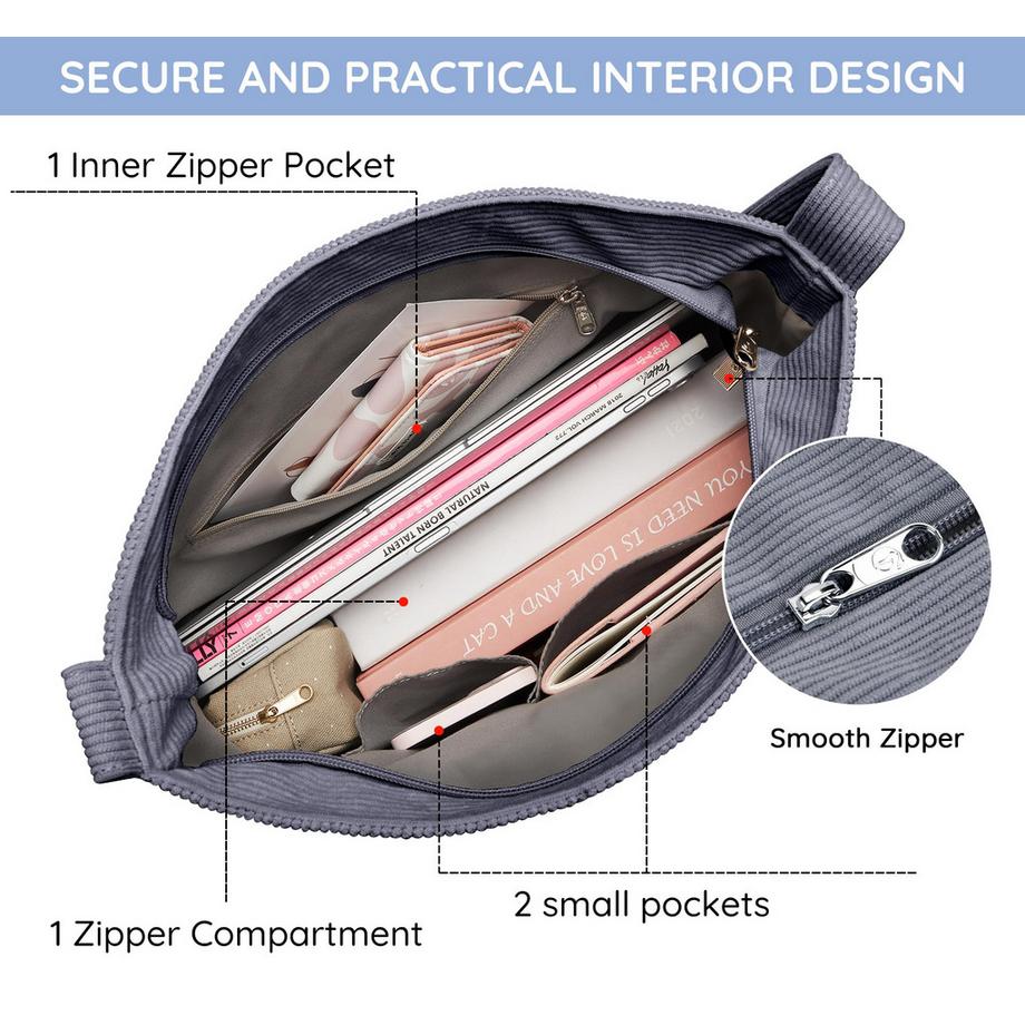 Only-bags.store Sac à bandoulière en velours côtelé avec fermeture éclair Shopper étanche  