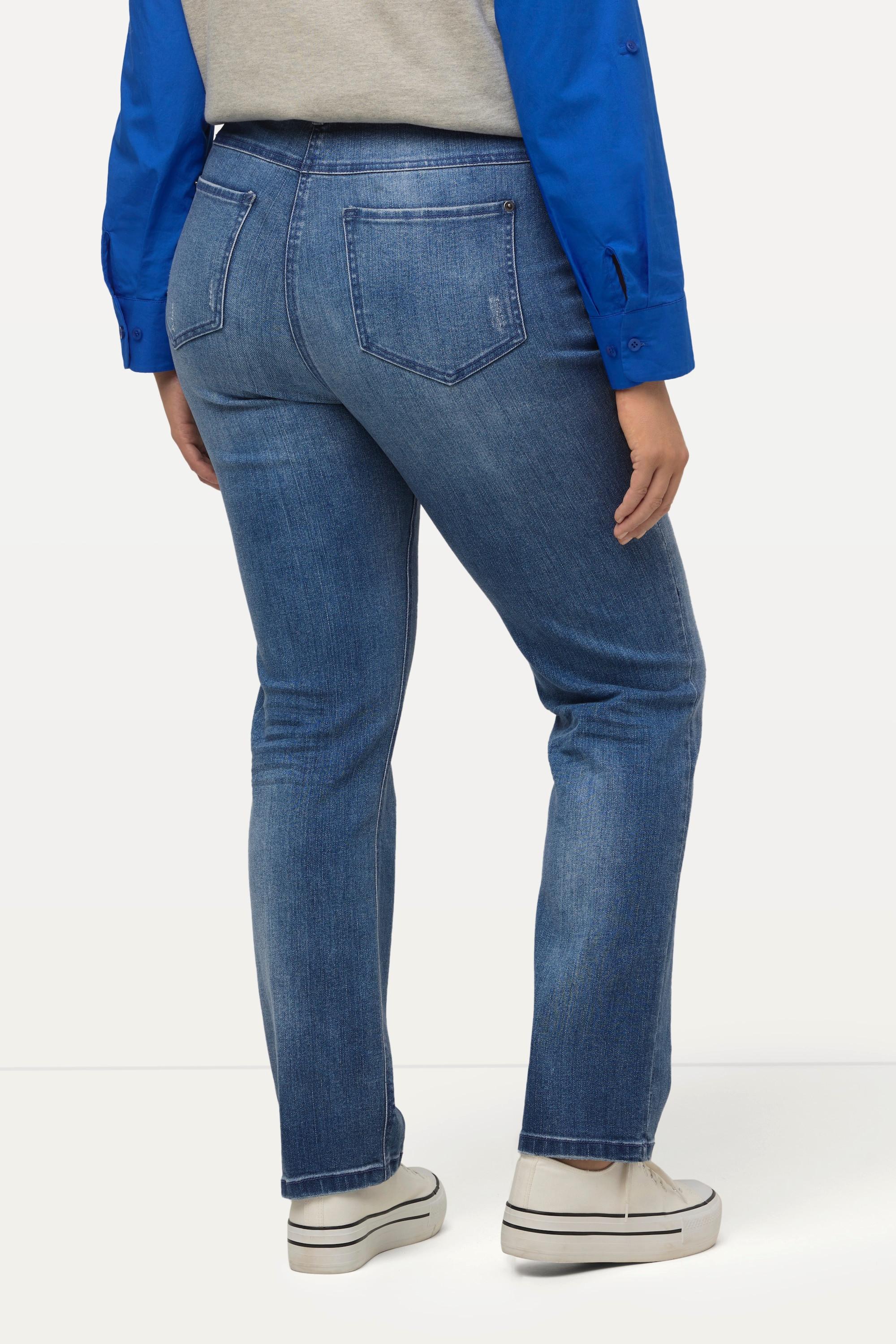 Ulla Popken  Jeans modello Sammy a vita alta elasticizzato con gamba aderente ed effetto destroyed 