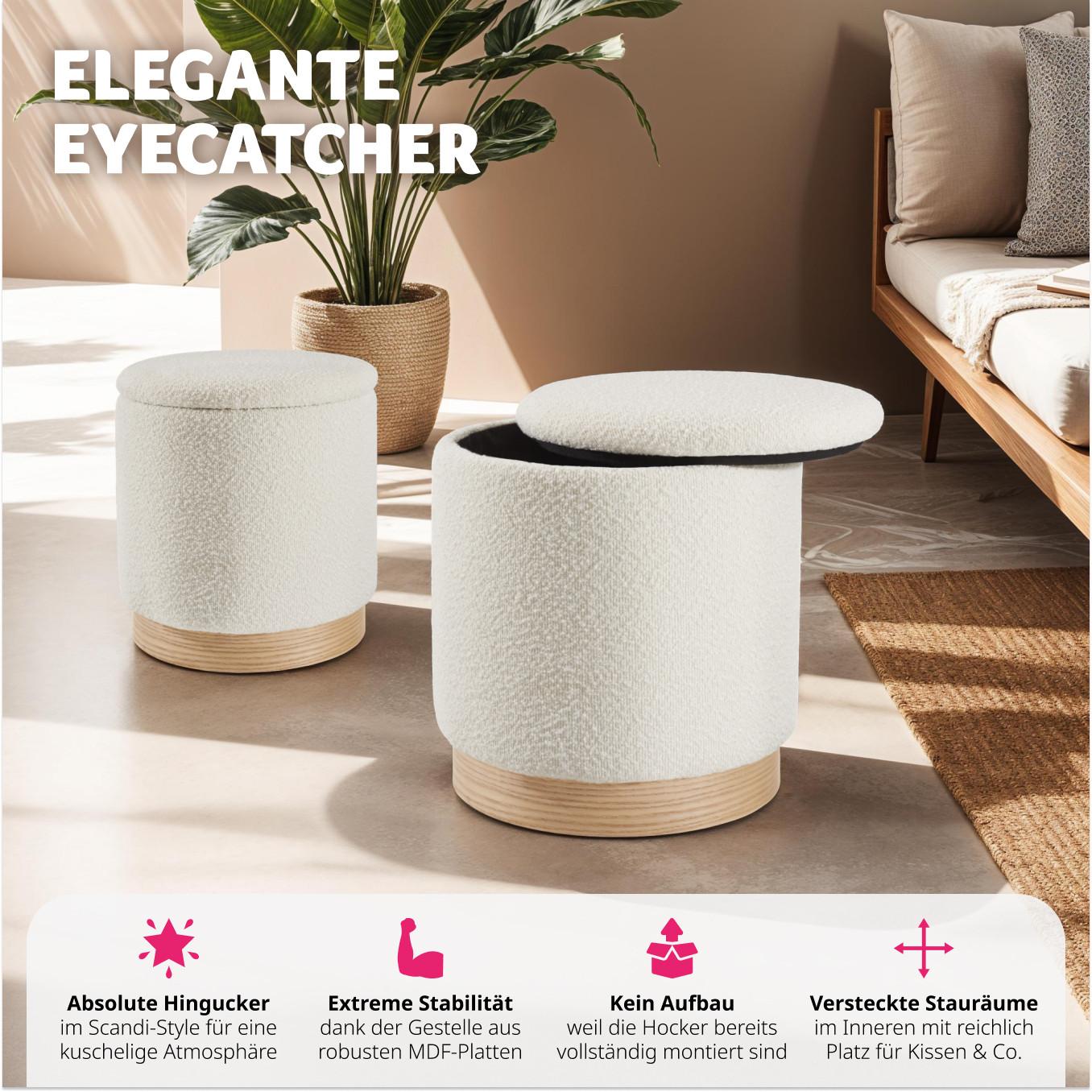 Tectake 2er Set Sitzhocker Orchide Bouclé, gepolstert, mit Stauraum  