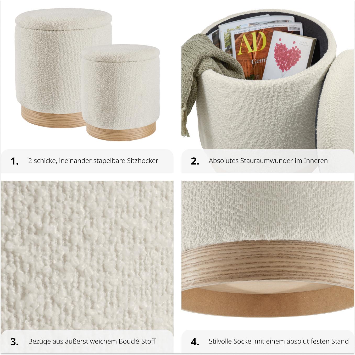 Tectake 2er Set Sitzhocker Orchide Bouclé, gepolstert, mit Stauraum  