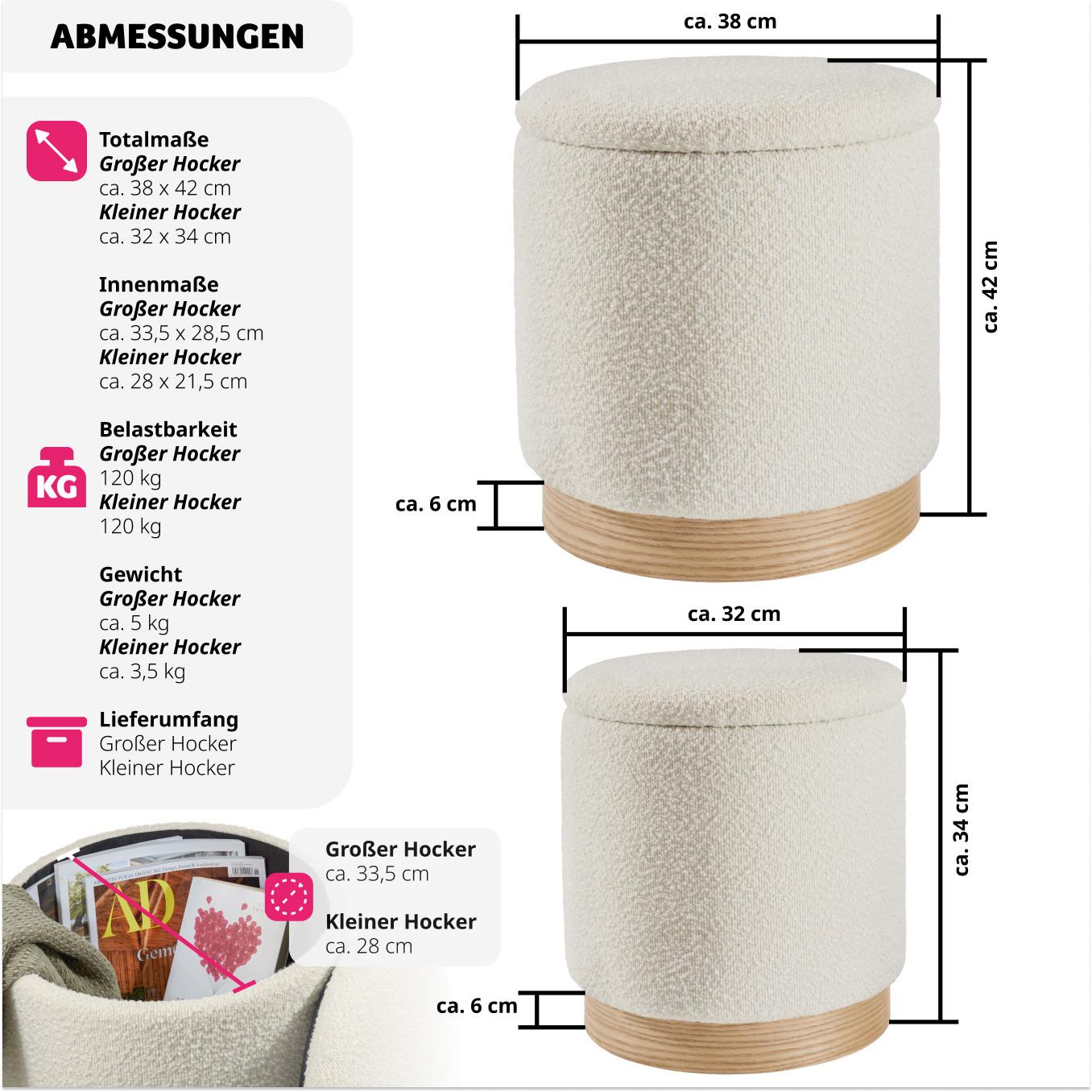 Tectake 2er Set Sitzhocker Orchide Bouclé, gepolstert, mit Stauraum  