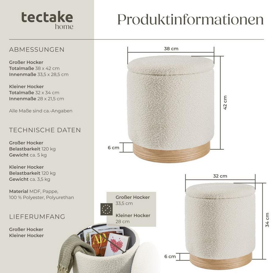 Tectake Ensemble de 2 poufs avec espace de rangement ORCHIDE rond  