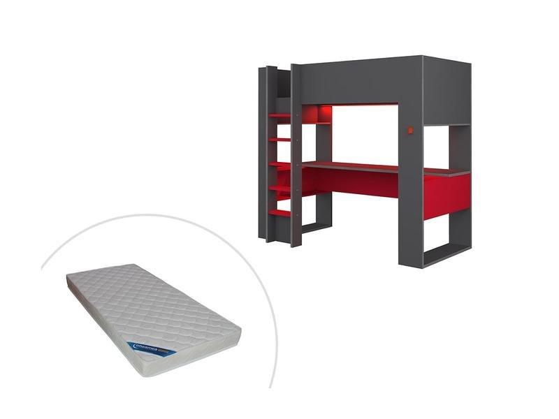 Vente-unique Letto a soppalco gamer + materasso + scrivania con LED e vani integrati Antracite e Rosso NOAH  