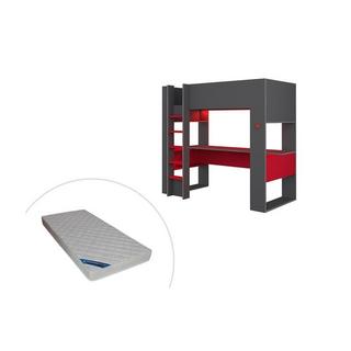 Vente-unique Letto a soppalco gamer + materasso + scrivania con LED e vani integrati Antracite e Rosso NOAH  