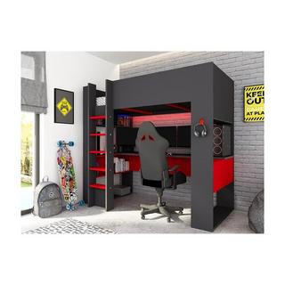 Vente-unique Letto a soppalco gamer + materasso + scrivania con LED e vani integrati Antracite e Rosso NOAH  