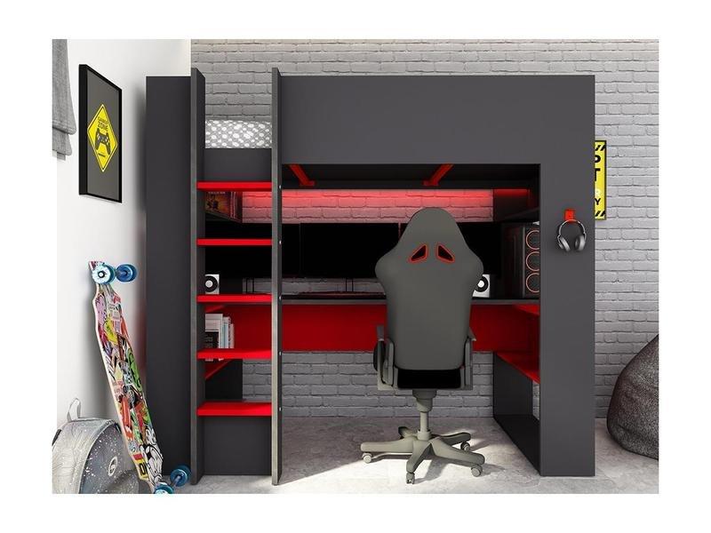 Vente-unique Letto a soppalco gamer + materasso + scrivania con LED e vani integrati Antracite e Rosso NOAH  