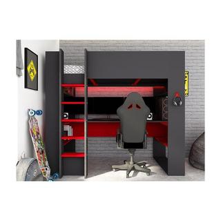 Vente-unique Letto a soppalco gamer + materasso + scrivania con LED e vani integrati Antracite e Rosso NOAH  