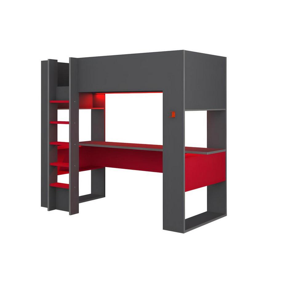 Vente-unique Letto a soppalco gamer + materasso + scrivania con LED e vani integrati Antracite e Rosso NOAH  