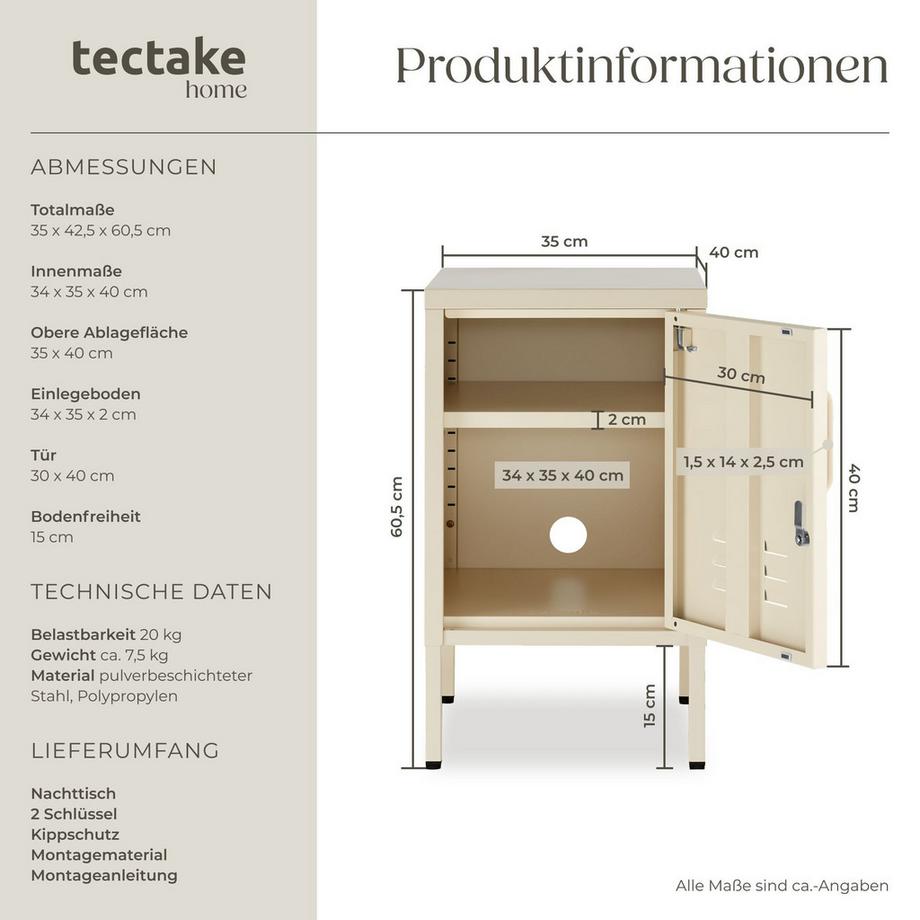 Tectake comodino in metallo moderno Baker porta chiudibile con chiusura magnetica  