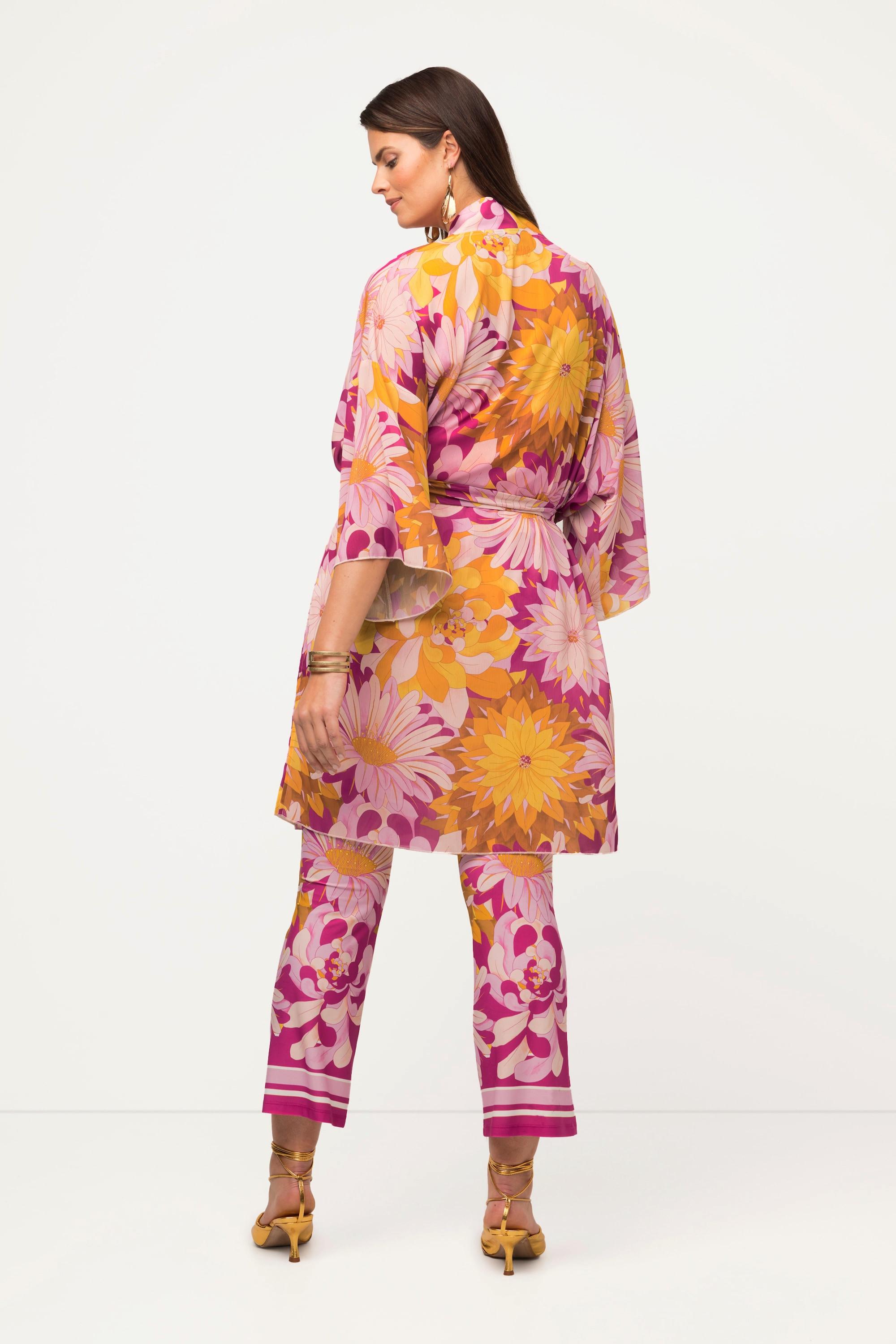 Ulla Popken Kimono Blüten Bindegürtel Schalkragen 3/4-Arm  
