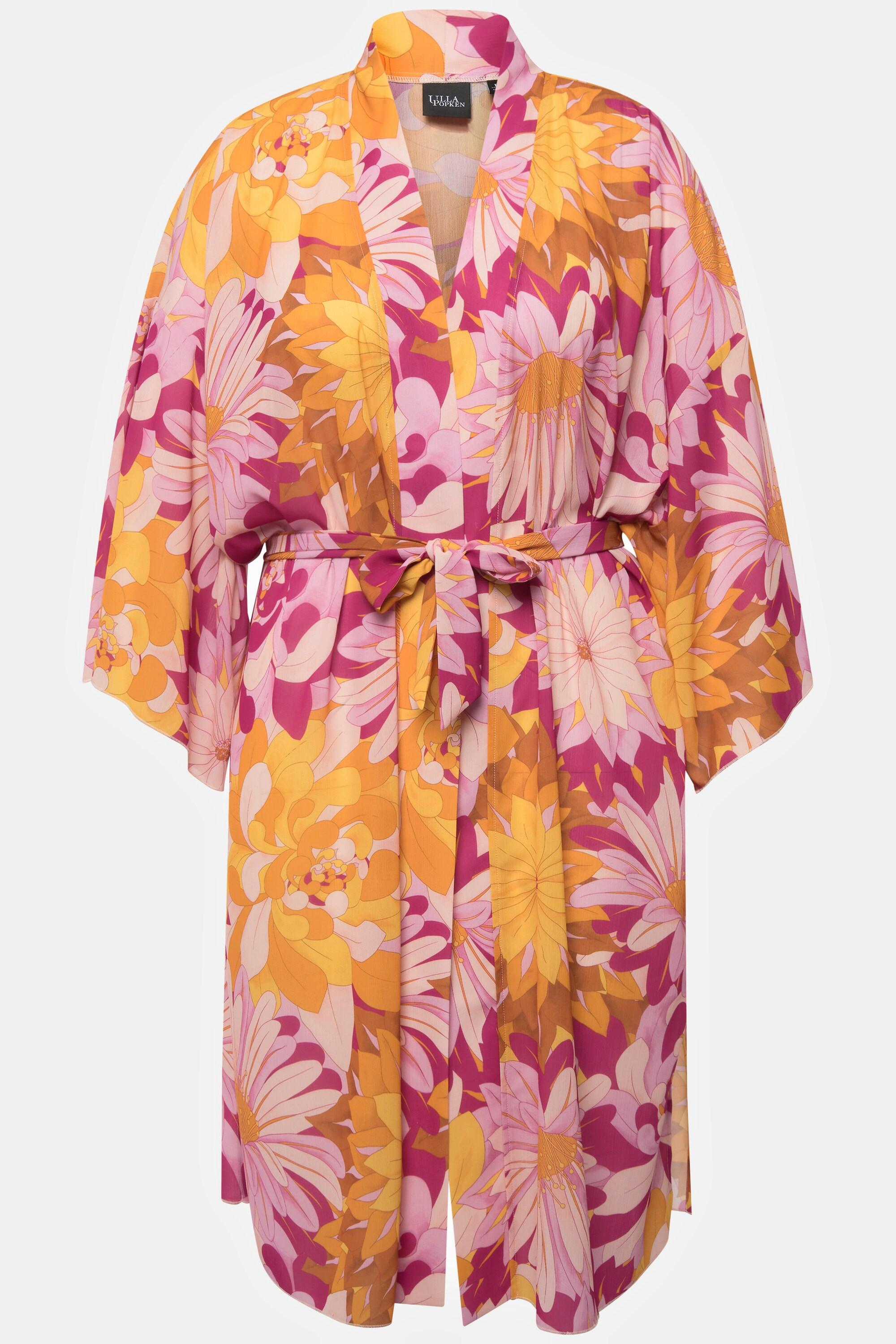 Ulla Popken  Kimono. Imprimé floral. Ceinture à nouer. Col châle et manches 3/4. 