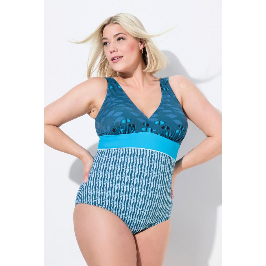 Ulla Popken Maillot de bain imprimé poissons décolleté en V bonnets souples  