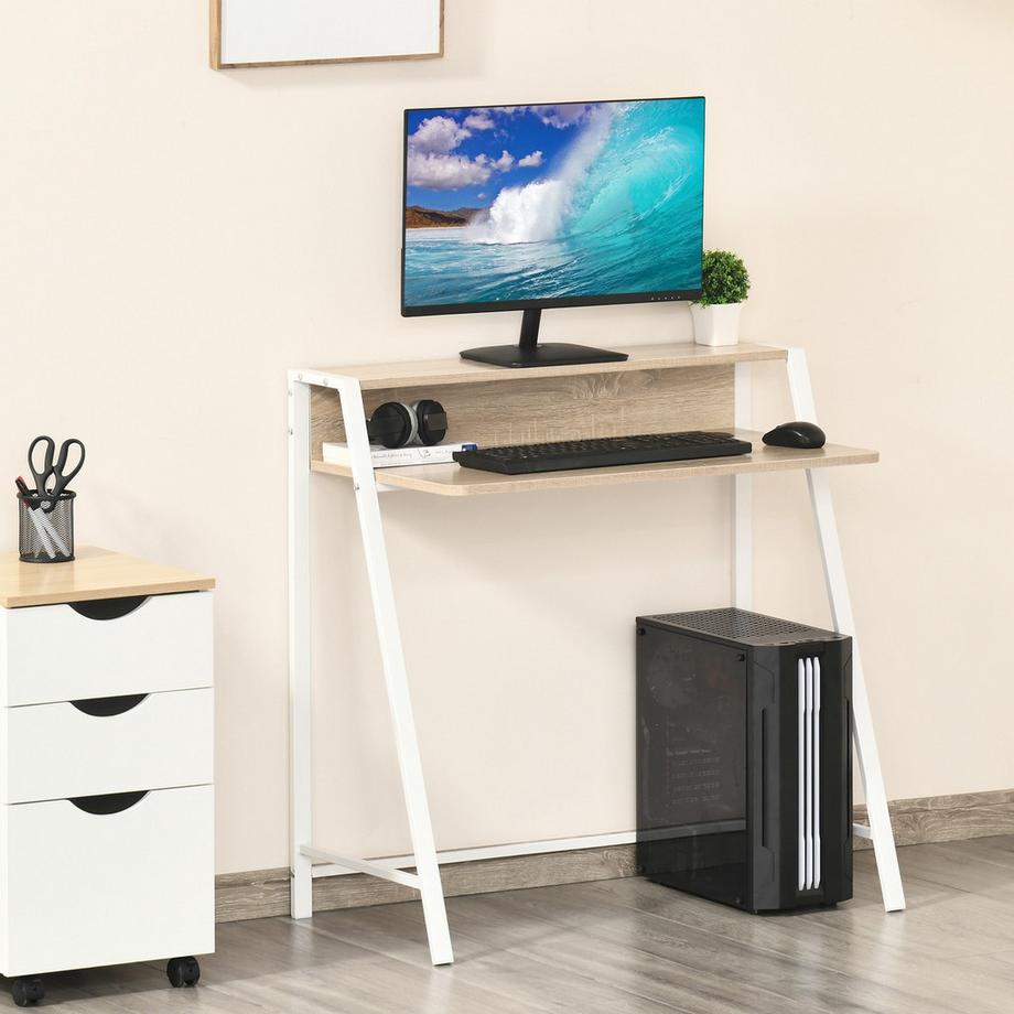 Northio Schreibtisch Moderner Computertisch mit Ablagefach & Kabeldurchlass, Metallgestell, Weiß+Eiche, 84x45x85cm  