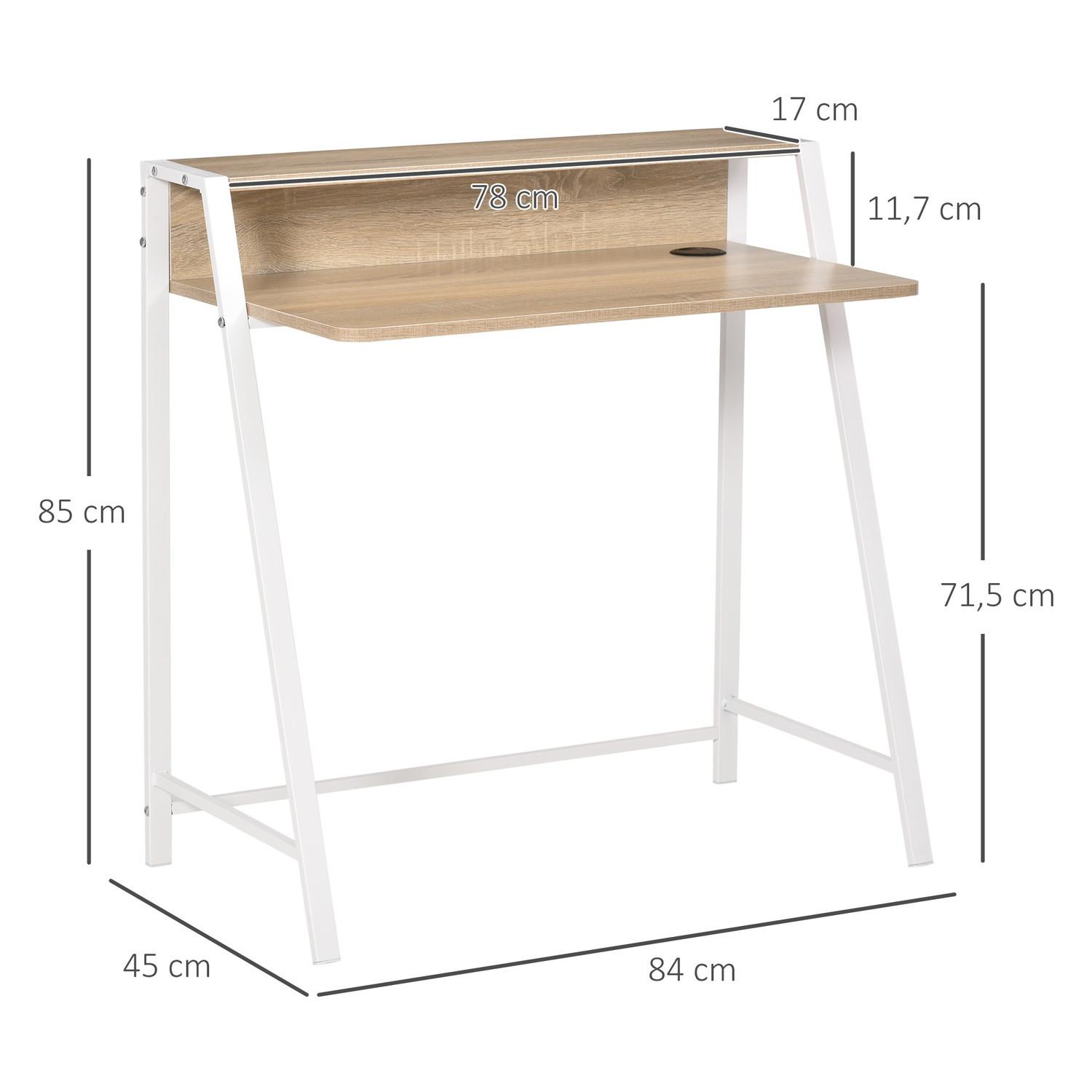 Northio Bureau Table d'ordinateur moderne avec compartiment de rangement & passage de câbles, structure métal, blanc + chêne, 84x45x85cm  