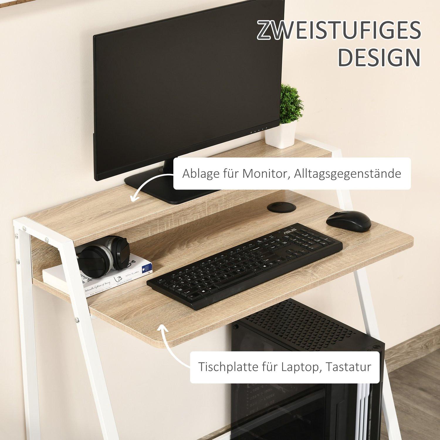 Northio Bureau Table d'ordinateur moderne avec compartiment de rangement & passage de câbles, structure métal, blanc + chêne, 84x45x85cm  