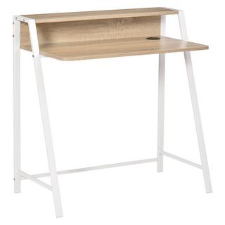 Northio Bureau Table d'ordinateur moderne avec compartiment de rangement & passage de câbles, structure métal, blanc + chêne, 84x45x85cm  