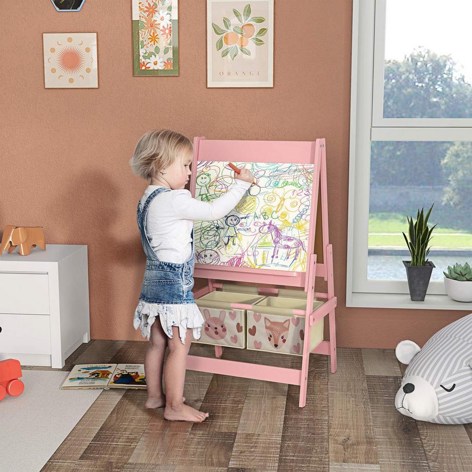 Northio  Kindertafel, 3 in 1 Kinder Staffelei, Standtafel mit Papierrolle, Aufbewahrungskörbe, Whiteboard, 54 x 46,5 x 93 cm, rosa 