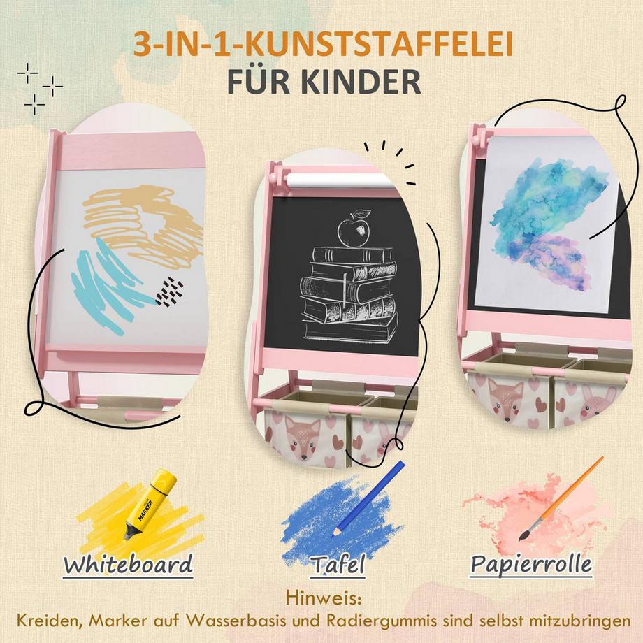 Northio  Kindertafel, 3 in 1 Kinder Staffelei, Standtafel mit Papierrolle, Aufbewahrungskörbe, Whiteboard, 54 x 46,5 x 93 cm, rosa 