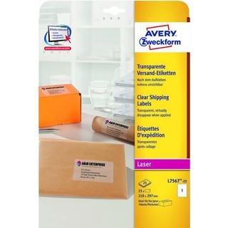 Avery-Zweckform Adress-Etiketten 210 x 297 mm Polyester-Folie Transparent 25 St. Permanent haftend Laserdrucker  