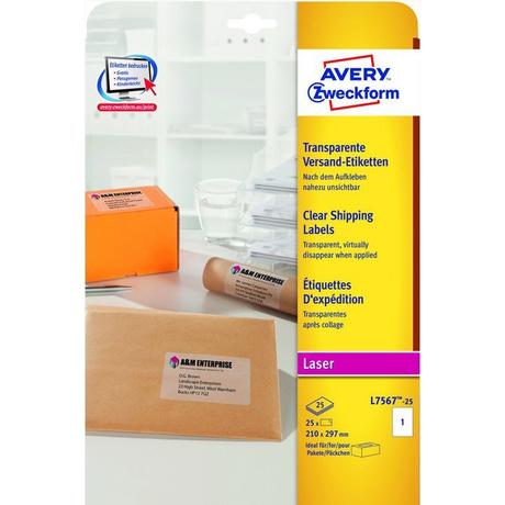 Avery-Zweckform Adress-Etiketten 210 x 297 mm Polyester-Folie Transparent 25 St. Permanent haftend Laserdrucker  