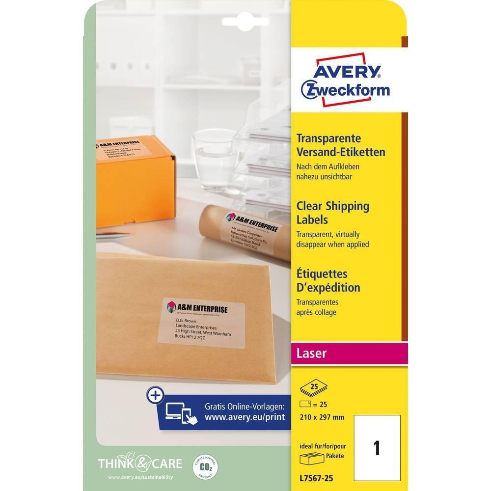 Avery-Zweckform Adress-Etiketten 210 x 297 mm Polyester-Folie Transparent 25 St. Permanent haftend Laserdrucker  