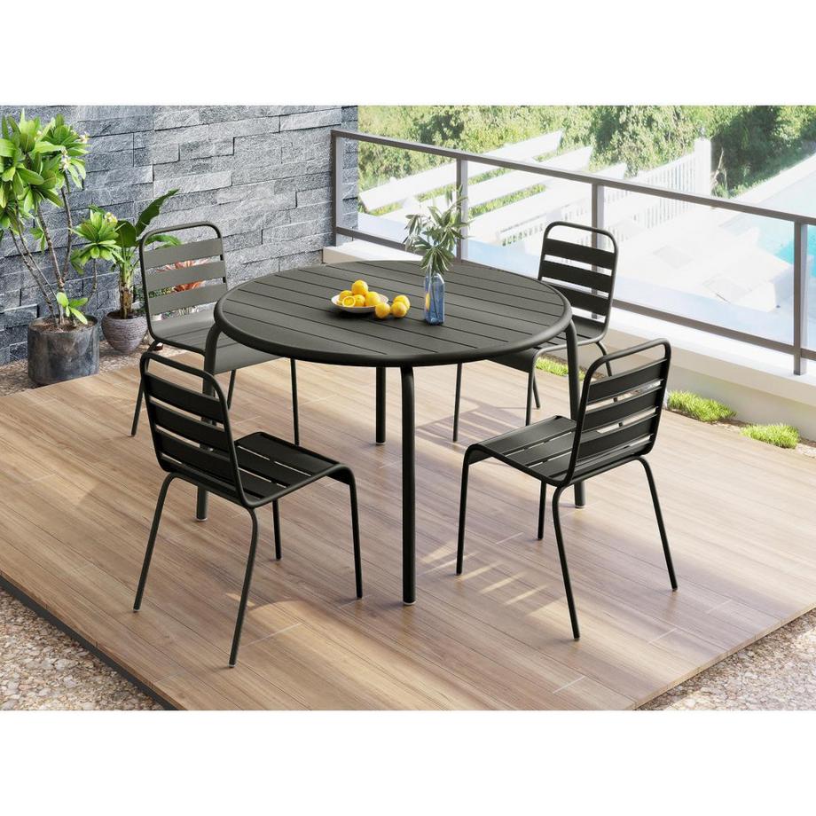 Salle à manger de jardin en métal - une table D.110cm et 4 chaises empilables - Gris foncé - MIRMANDE de MYLIA