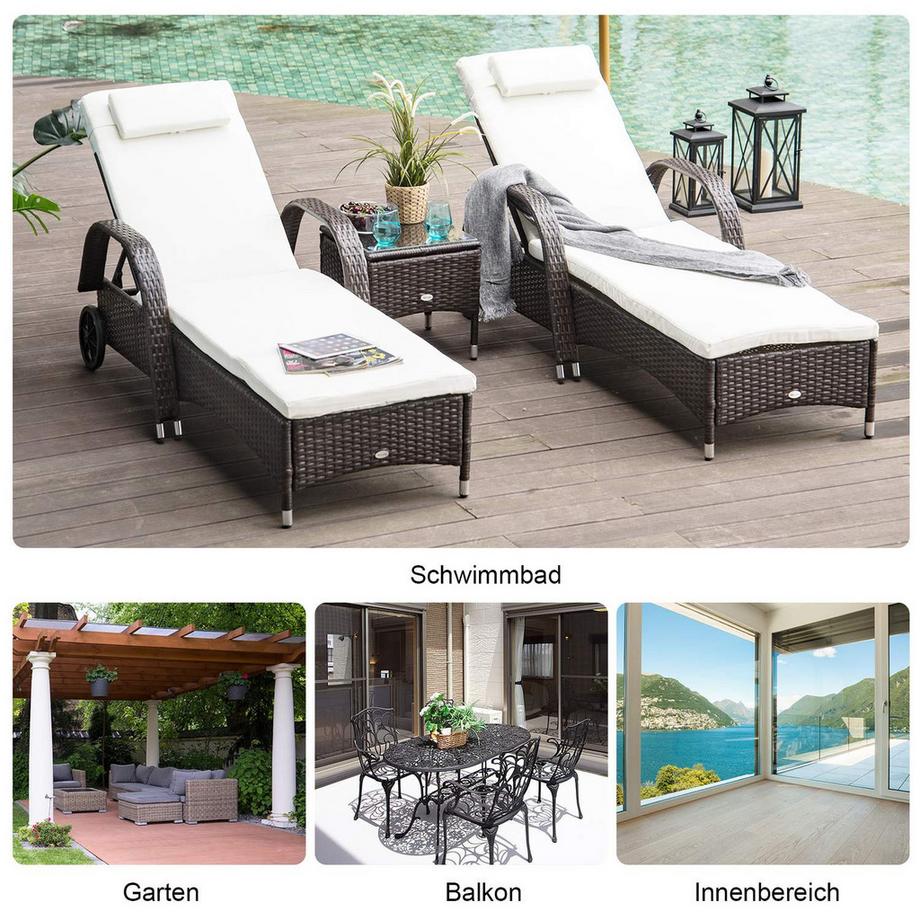 Northio Sonnenliege Gartenliege Tisch 3Er-Set Gartenmöbel, Polyrattan+Metall Braun+Cremeweiß  