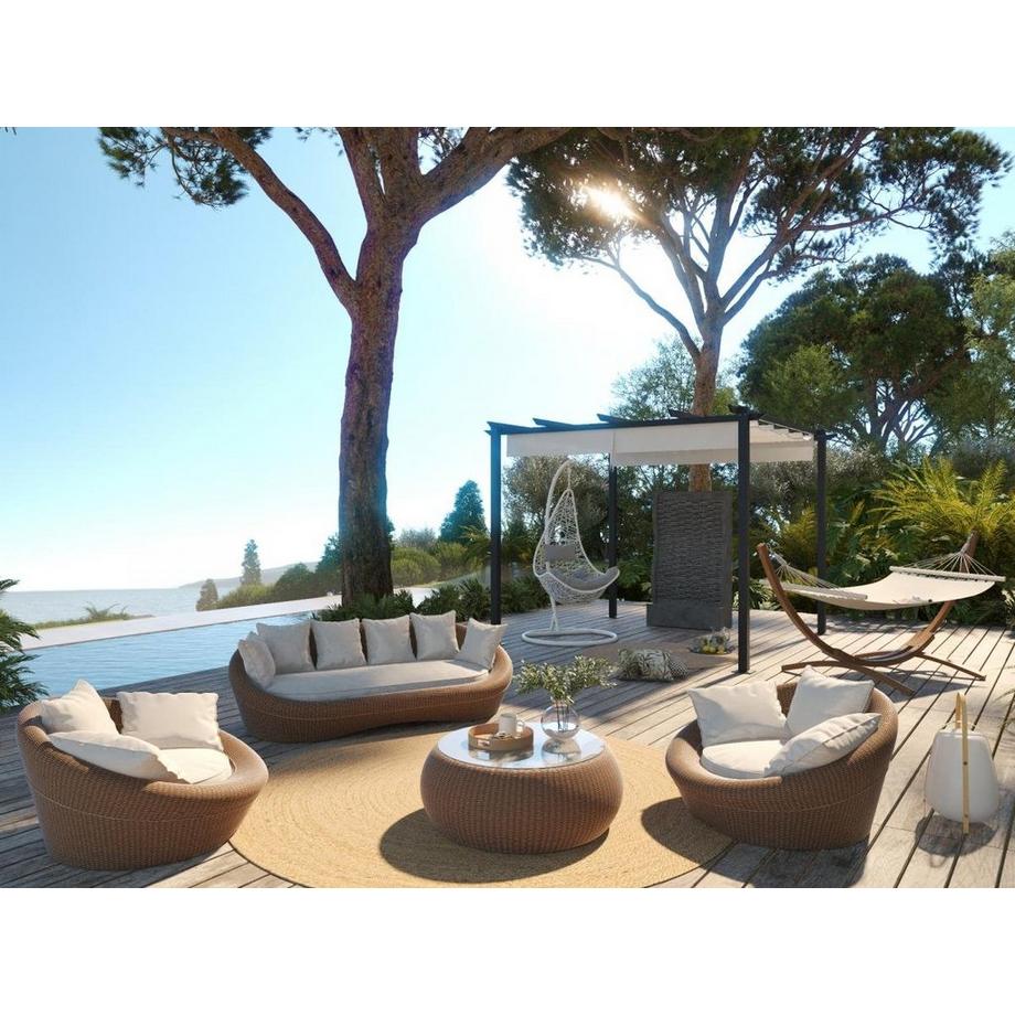 Vente-unique Salotto da giardino in resina intrecciata caramello: divano, 2 poltrone e tavolino - WHITEHEAVEN  